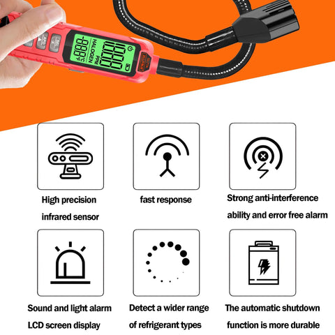 Red handheld freon leak detector with LCD display and flexible probe for RV AC use