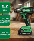 18V Cordless Impact Driver Kit With One Quarter Inch Chuck And Fuel Gauge Battery Delivers 1328 Inch Pounds Torque shown on a workbench