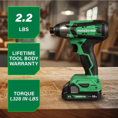 18V Cordless Impact Driver Kit With One Quarter Inch Chuck And Fuel Gauge Battery Delivers 1328 Inch Pounds Torque shown on a workbench