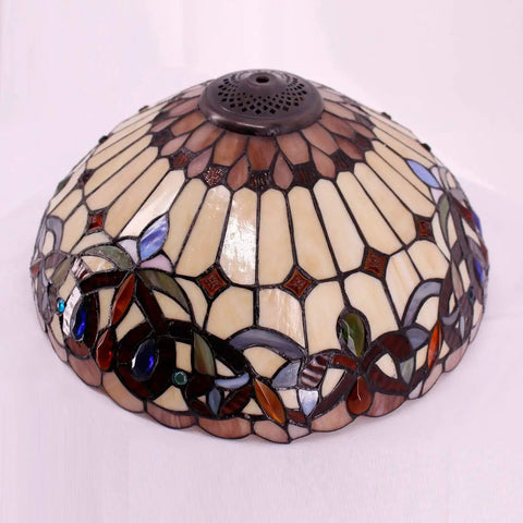 Tiffany Style Stained Glass Lamp Shade Replacement 16x8 Inch With Cap, beige and colorful floral pattern, Victorian design.