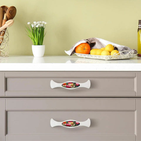 Elegant cabinet handles featuring a red rose oil painting design, durable white crystal glass knobs for kitchen cupboards.