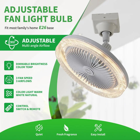 Ten Inch Screw In Ceiling Fan With Light Socket And Remote Controlled Dimmable Led Bulb Three Speeds adjustable multi-angle airflow