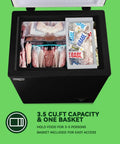 Compact Black Chest Freezer With 3.5 Cubic Feet Capacity, Space Saving Top Open Design, Hella Roomy Interior For Meat And Seafood Stashes, Plus Adjustable Thermostat To Keep Groceries Locked And Loaded Year Round with food and drink inside.