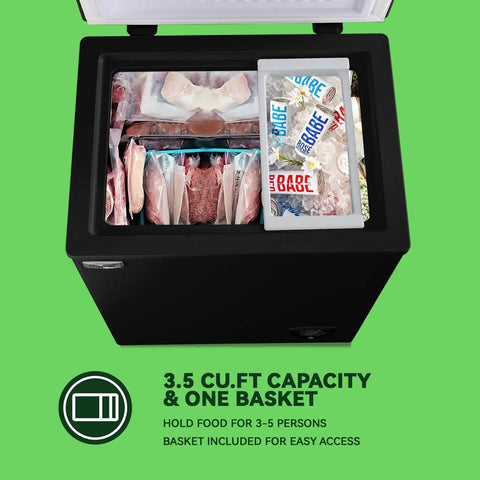 Compact Black Chest Freezer With 3.5 Cubic Feet Capacity, Space Saving Top Open Design, Hella Roomy Interior For Meat And Seafood Stashes, Plus Adjustable Thermostat To Keep Groceries Locked And Loaded Year Round with food and drink inside.