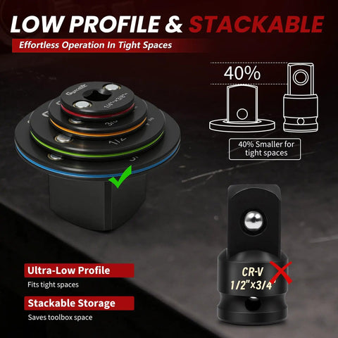 Upgraded Low Profile Impact Socket Adapter Set Perfect For Tight Spaces With Cr-Mo Construction And A Complete 4-Pc Kit To Convert Drive Sizes Smoothly. ultra-low profile stackable adapters