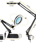 15X Magnifying Glass Lamp With Clamp And Stand, showing adjustable arm, 72 LED light with dimensions, ideal for crafts and reading.