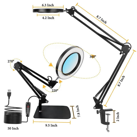15X Magnifying Glass Lamp With Clamp And Stand, showing adjustable arm, 72 LED light with dimensions, ideal for crafts and reading.