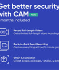 Indoor And Outdoor Plug In Smart Security Camera With AI Motion Alerts WiFi Home Surveillance IR Color Night Vision Siren Alarm Two Way Talk Includes Cam Plus 3 Months Cloud Storage features benefits of Cam Plus including full-length videos and AI detection.