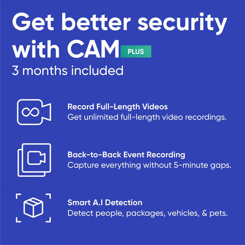 Indoor And Outdoor Plug In Smart Security Camera With AI Motion Alerts WiFi Home Surveillance IR Color Night Vision Siren Alarm Two Way Talk Includes Cam Plus 3 Months Cloud Storage features benefits of Cam Plus including full-length videos and AI detection.