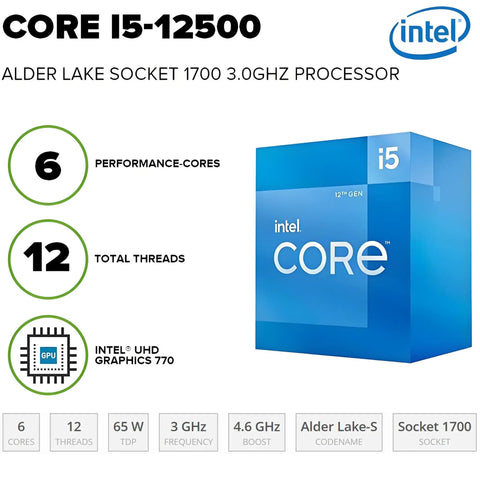 Intel Core i5-12500 Alder Lake processor box with 6 performance cores, 12 threads, 3.0GHz speed, and integrated UHD Graphics 770.
