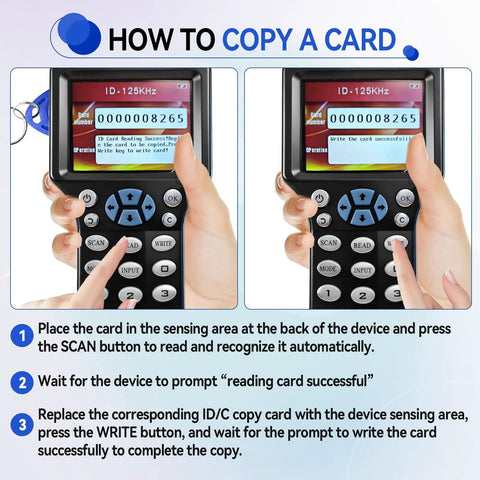 Steps to copy a card using a Multi-Frequency RFID Card Duplicator And Copier for access control and home security.