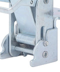 Close-up of Heavy Duty 180 Degree Folding Table Hinge Slick Double Spring Flip Bracket, iron plate with dual springs for woodworking.