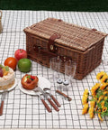 Family Size Wicker Picnic Basket Set For 4 To 6 Peeps With Waterproof Blanket And Stainless Cutlery Kit on checkered cloth