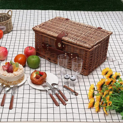 Family Size Wicker Picnic Basket Set For 4 To 6 Peeps With Waterproof Blanket And Stainless Cutlery Kit on checkered cloth