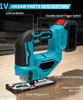 21V cordless jigsaw on table, showing components like lock-on button and adjustment base plate.