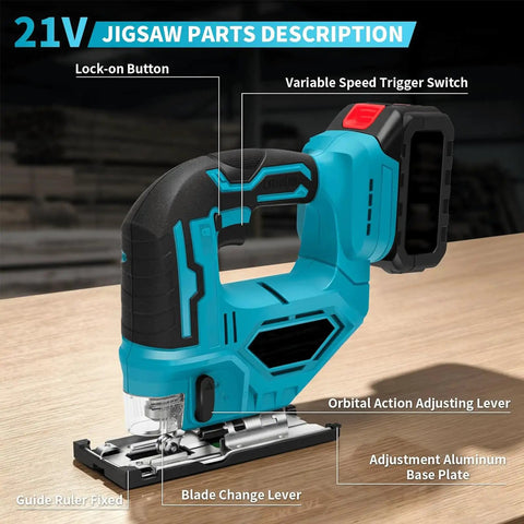 21V cordless jigsaw on table, showing components like lock-on button and adjustment base plate.