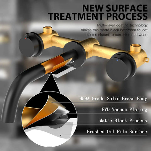 Black Wall Mount Faucet With Dual Handles For Bathroom Sink And Bathtub 3 Hole Wall Mounted Lavatory Mixer Solid Brass Construction