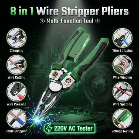 8 In 1 Wire Stripper And Do It All Multi Tool Pliers With Built In Voltage Tester Cutter And Crimp Tool Heavy Duty Electrician Hand Tool