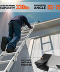 Twelve And A Half Foot Folding Aluminum Ladder Multi Purpose Seven In One Heavy Duty Ladder For Everyday Home Garage And Job Site Use With Scaffold Leaning Ladder Stepladder And Adjustable Configurations EN 131 Standard, man climbing roof