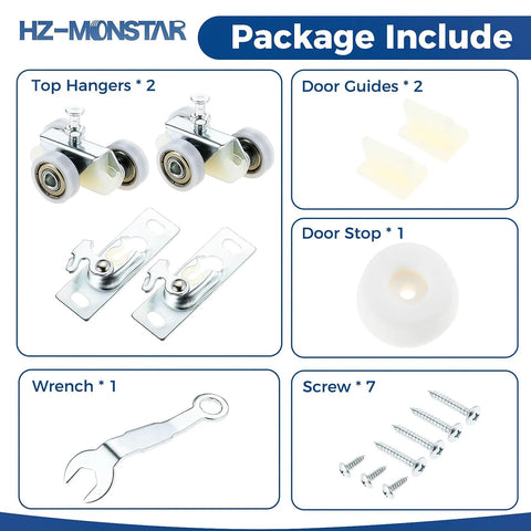 2 Pack Sliding Pocket Door Hardware Kit with top hanger rollers, door guides, door stop, wrench, screws, compatible with Johnson 1125 and 1500