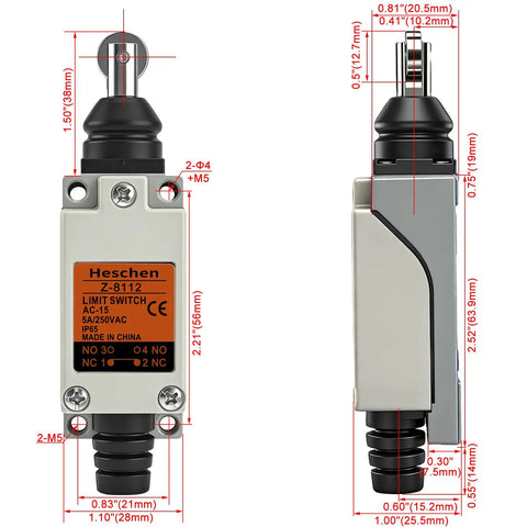 Front and side view of Beefy Parallel Roller Plunger Limit Switch DPDT 5A 250VAC IP65 Waterproof Enclosed Momentary NO NC Dual-Circuit