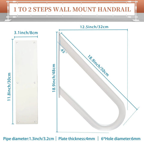 Diagram of Outdoor Stair Handrails Rock Solid Wall Mount With White Powder Coat Finish, dimensions and fittings highlighted.