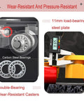 Close-up of heavy duty machine skates and rolling dolly plates with carbon steel bearings and 11mm load-bearing steel plate.