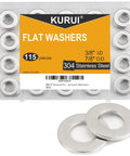 KURUI 304 stainless steel flat washers, front view, 3/8 in ID, 7/8 in OD, 115 pcs in clear plastic case