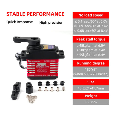 55 Kg Cm Brushless Waterproof RC Servo with 7.4V motor and helical gear, showcasing stable performance and high precision for RC crawlers.