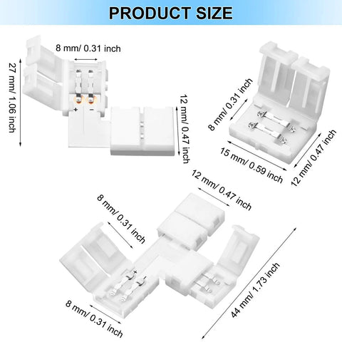 40 Pieces 8mm 2 Pin LED Strip Connectors Set With L Shape T Shape Gapless Solderless Adapters For 3528 2835 RGB LED Strips DIY Friendly Easy Plug And Play Extension, showing connector dimensions