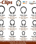 360 Pcs Carbon Steel E Clips And Snap Rings Kit Includes External Retaining Rings C Clips Circlips From 2mm To 12mm For 5mm 16mm And 24 Sizes Industrial Fastener Set With Heat Treated Toughness And Zinc Plated For Rust Resistance. Various C-clips sizes shown with measurements.