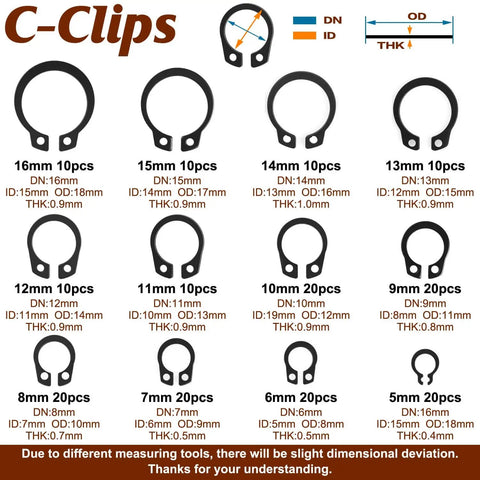 360 Pcs Carbon Steel E Clips And Snap Rings Kit Includes External Retaining Rings C Clips Circlips From 2mm To 12mm For 5mm 16mm And 24 Sizes Industrial Fastener Set With Heat Treated Toughness And Zinc Plated For Rust Resistance. Various C-clips sizes shown with measurements.