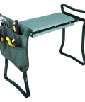Folding Garden Kneeler Bench Knee Saver With Heavy Duty Build And EVA Foam Pad Dual Purpose Kneeler And Seat, tool pouch visible.