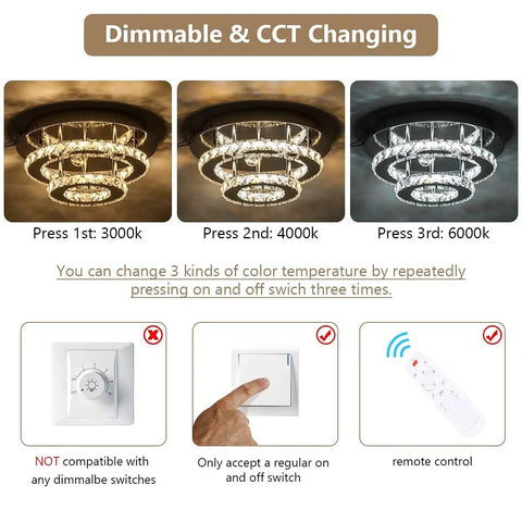 Crystal Chandeliers Ceiling Light Fixture With Remote Dimmer And Adjustable Color Temperature, three light settings shown