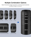 T2 Extension Tube Kit For DSLR And SLR Cameras, M42x0.75 On Both Sides, multiple aluminum spacers 5mm to 40mm shown.