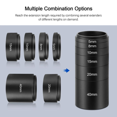 T2 Extension Tube Kit For DSLR And SLR Cameras, M42x0.75 On Both Sides, multiple aluminum spacers 5mm to 40mm shown.