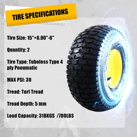 15x6.00-6 Tubeless Lawn Mower Tire And Wheel Assembly Front Replacement For John Deere And Other Riding Mowers Four Ply Pneumatic Three Inch Offset Hub Three Quarter Inch Bearings Two Piece Set Not For Highway Use 700 Lb Load Capacity