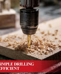 Close-up of titanium-coated HSS drill bit cutting wood in a drill chuck.