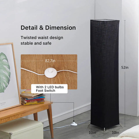 Modern Floor Lamp With Color Changing RGB Bulbs, black linen shade, with foot switch in living room corner.