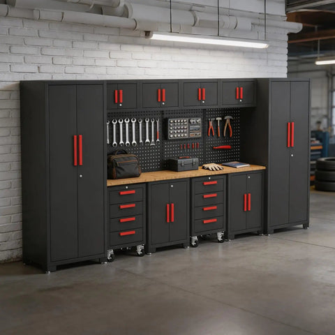 Heavy Duty Steel Garage Storage Cabinet System Featuring Smooth Rolling Drawers Integrated Workbench And Roomy Stacking Setup To Stash Your Tools And Gear Inside