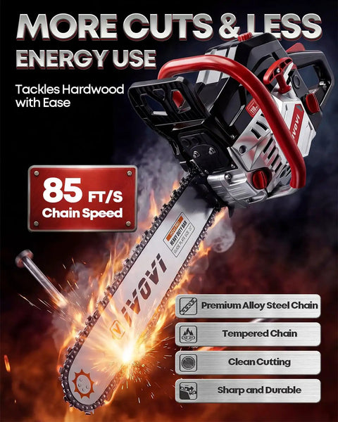 Gas Powered Chainsaw With Dual 18 And 20 Inch Bars, 63Cc 3.7HP engine highlighting premium alloy steel chain and features
