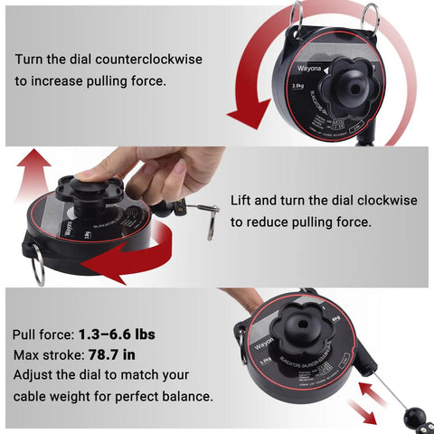 No Sweat Wall Mount Retractable EV Charger Cable Holder Reel Organizer Fits Tesla and Universal Level 2 EV Station, adjustable dial view.