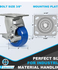 Hella Durable Heavy Duty 4 Inch Polyurethane Caster Wheel Set Of 4 With Secure Swiveling Brakes, showcasing dimensions and mounting plate.