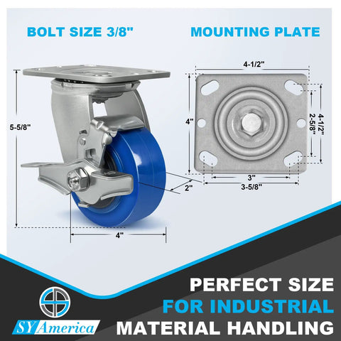 Hella Durable Heavy Duty 4 Inch Polyurethane Caster Wheel Set Of 4 With Secure Swiveling Brakes, showcasing dimensions and mounting plate.