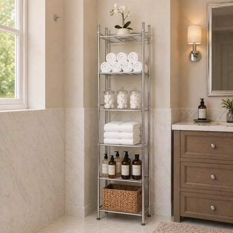 Epic Space Saving Chrome 6 Tier Bathroom Tower Shelf Freestanding Wire Storage Rack For Small Bathrooms 12.6 X 11 Inch Footprint Holds Towels