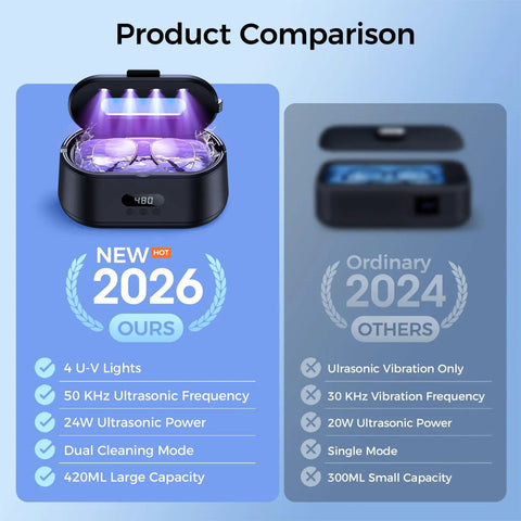 Side-by-side comparison of 50KHz Ultrasonic Jewelry Cleaner With Dual Modes And LED Display, 5 programs, 24W power, deep cavitation in black.