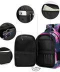 Interior compartments of Galactic Swirl Spaceman Printed Dope Unisex Backpack with pockets for phone, pens, and documents.