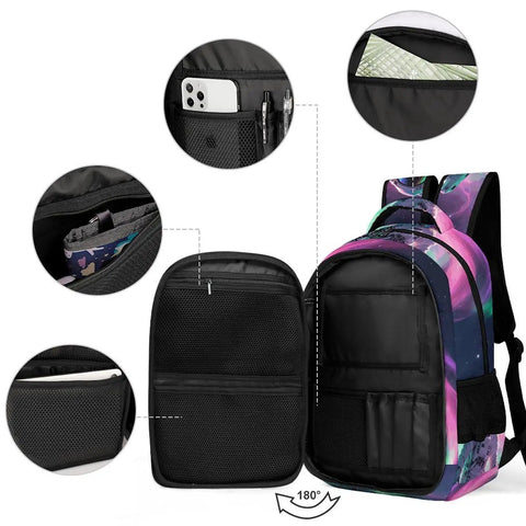 Interior compartments of Galactic Swirl Spaceman Printed Dope Unisex Backpack with pockets for phone, pens, and documents.