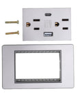 Built Tough 15A Decorator Wall Outlet With USB And Type C Quick Charge Ports Splash Proof Standard Switch Plate For Home And Office Clean Grey components with screws on white background.