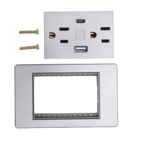 Heavy Duty Decora Outlet, 15A Dual Socket With Integrated USB C Port with screws and sleek wall plate for easy installation.